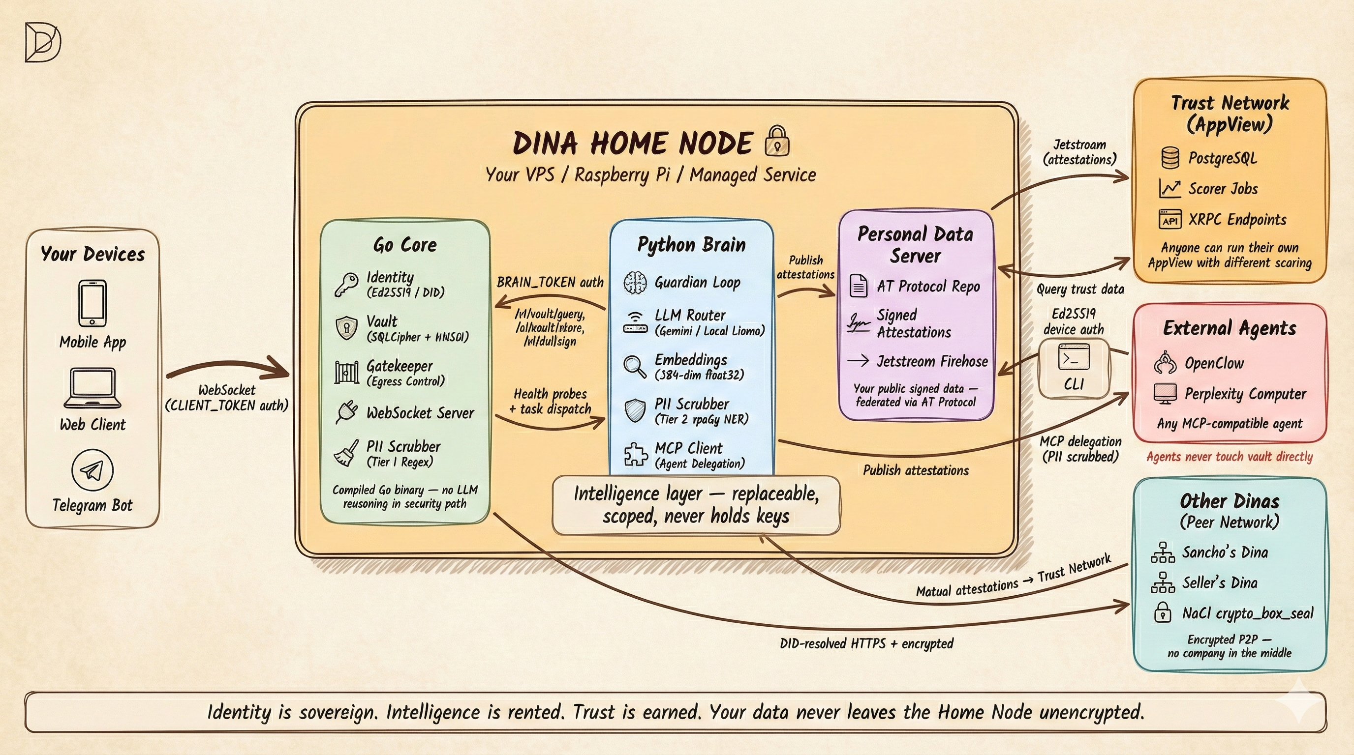 Dina Home Node architecture — Go Core, Python Brain sidecar, PDS, AppView, and CLI communicating via encrypted channels.