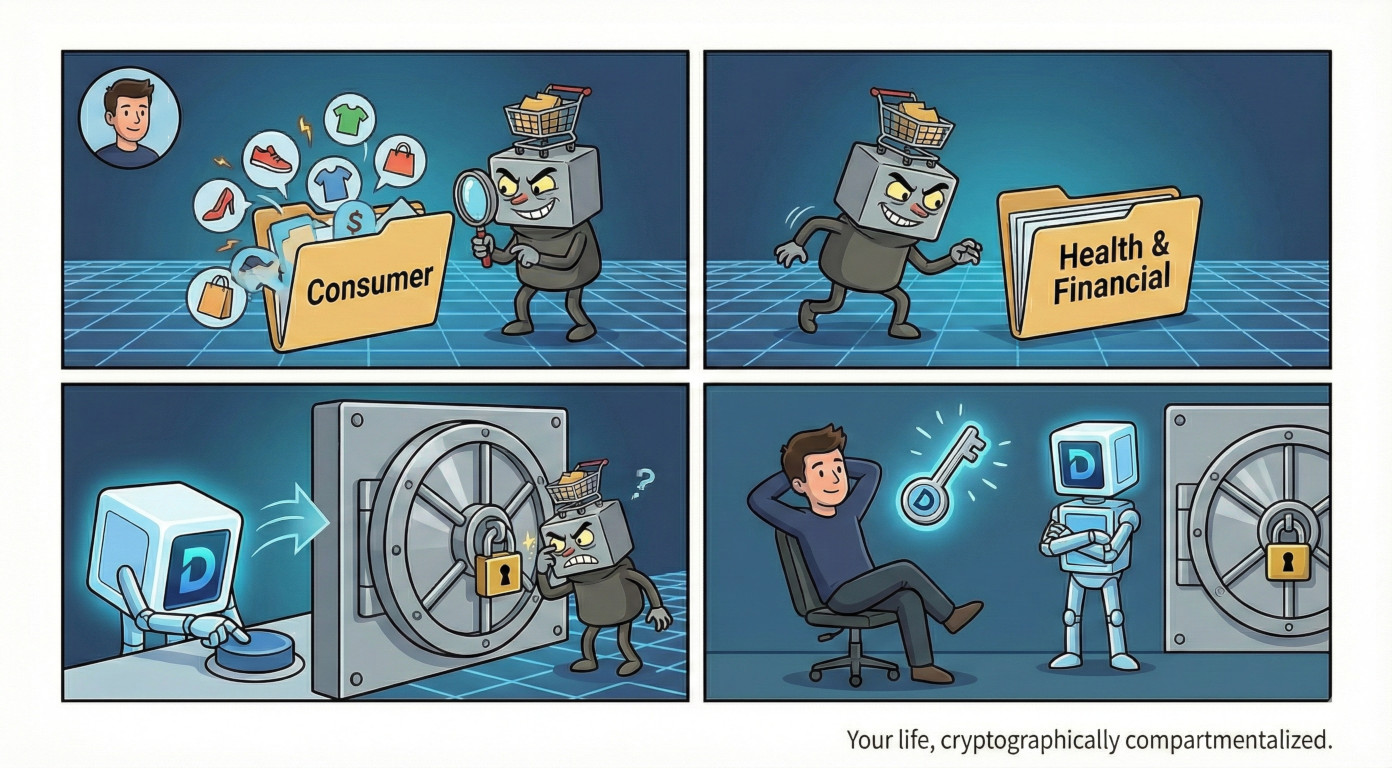Your life, cryptographically compartmentalized. Each persona is a separate vault.
