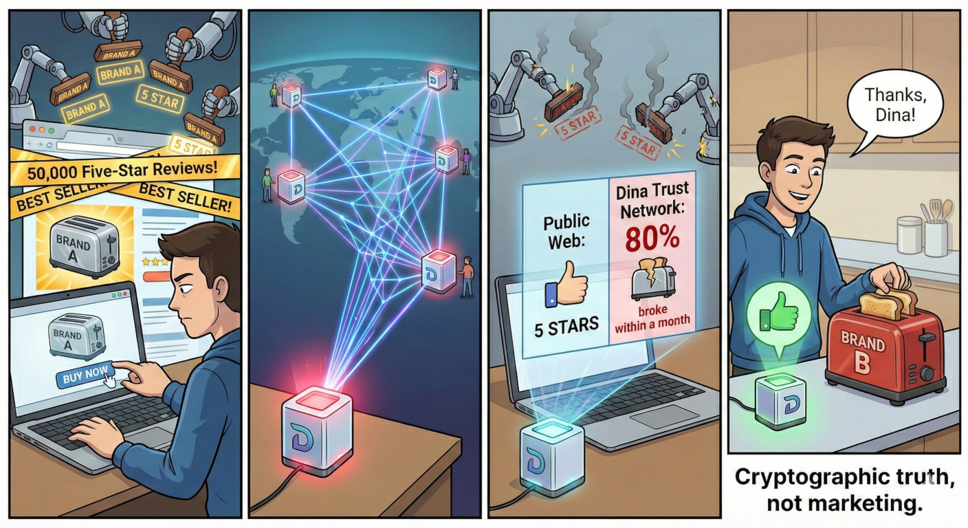 Cryptographic truth, not marketing. Dina's trust network surfaces real outcomes over fake reviews.