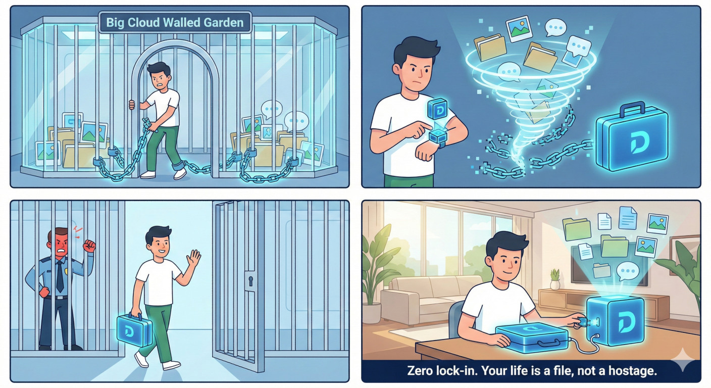 Zero lock-in — your life is a file, not a hostage. Dina breaks you free from walled gardens.